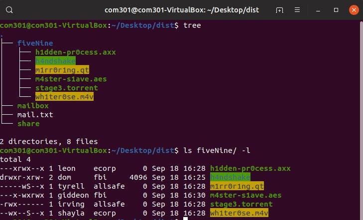 An example of result when the command ls -l is run in the fiveNive folder